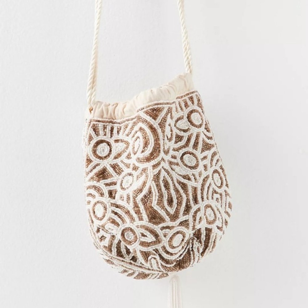 Free People Beaded Pouch Ivory Glass Bead Tassel Rope Strap Bag NWOT